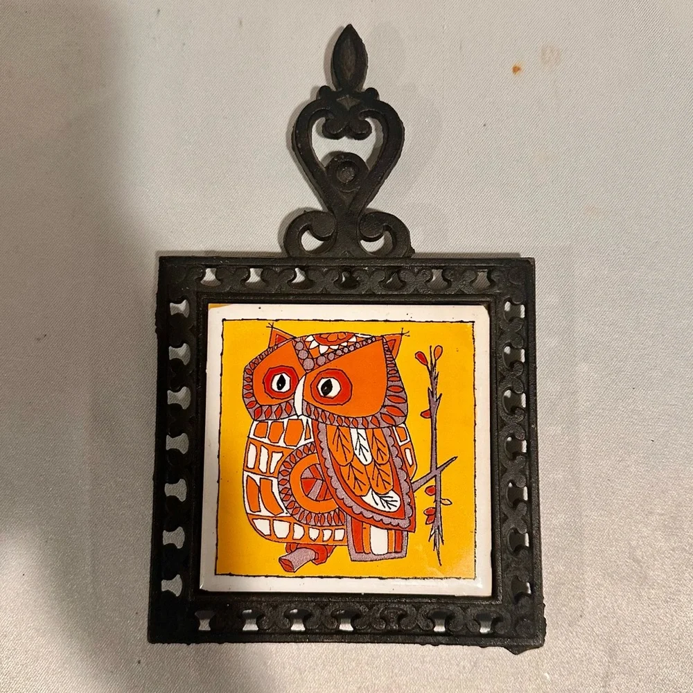 Mid-Century Orange Ceramic Owl Trivet Wall Art with Iron Frame